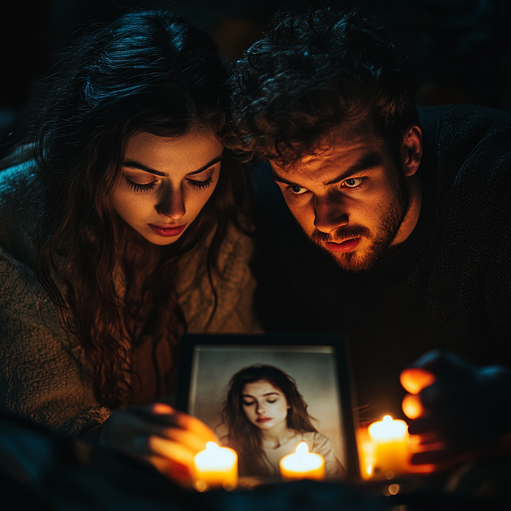 Couple staring at a photo surrounded with candles | Source: Midjourney