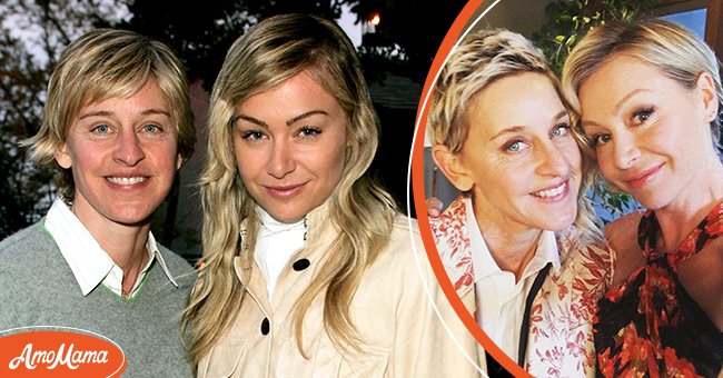 (L) Comedian Ellen DeGeneres with wife actress Portia de Rossi celebrating Cheryl Howard Crew's New Book "In The Face of Jinn" at a Private Residence in Pacific Palisades, California. (R) Ellen DeGeneres posing with Portia de Rossi on Valentine's Day. | Source: Getty Images and Instagram/@portiaderossi