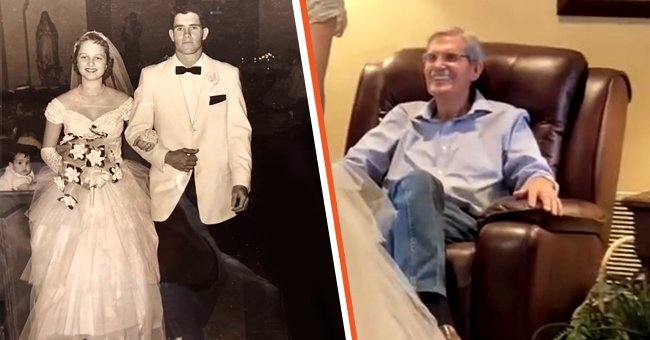 [Left] Picture of Brooke's grandparents on their wedding day; [Right] Picture of Brooke's grandma dressed in her wedding gown in front of her husband | Source:  tiktok.com/alibrookea