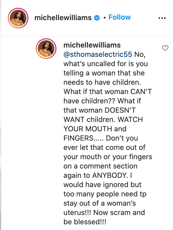 Screenshot of comment made by Michelle Williams in response to a commenter. | Source: Instagram/michellewilliams