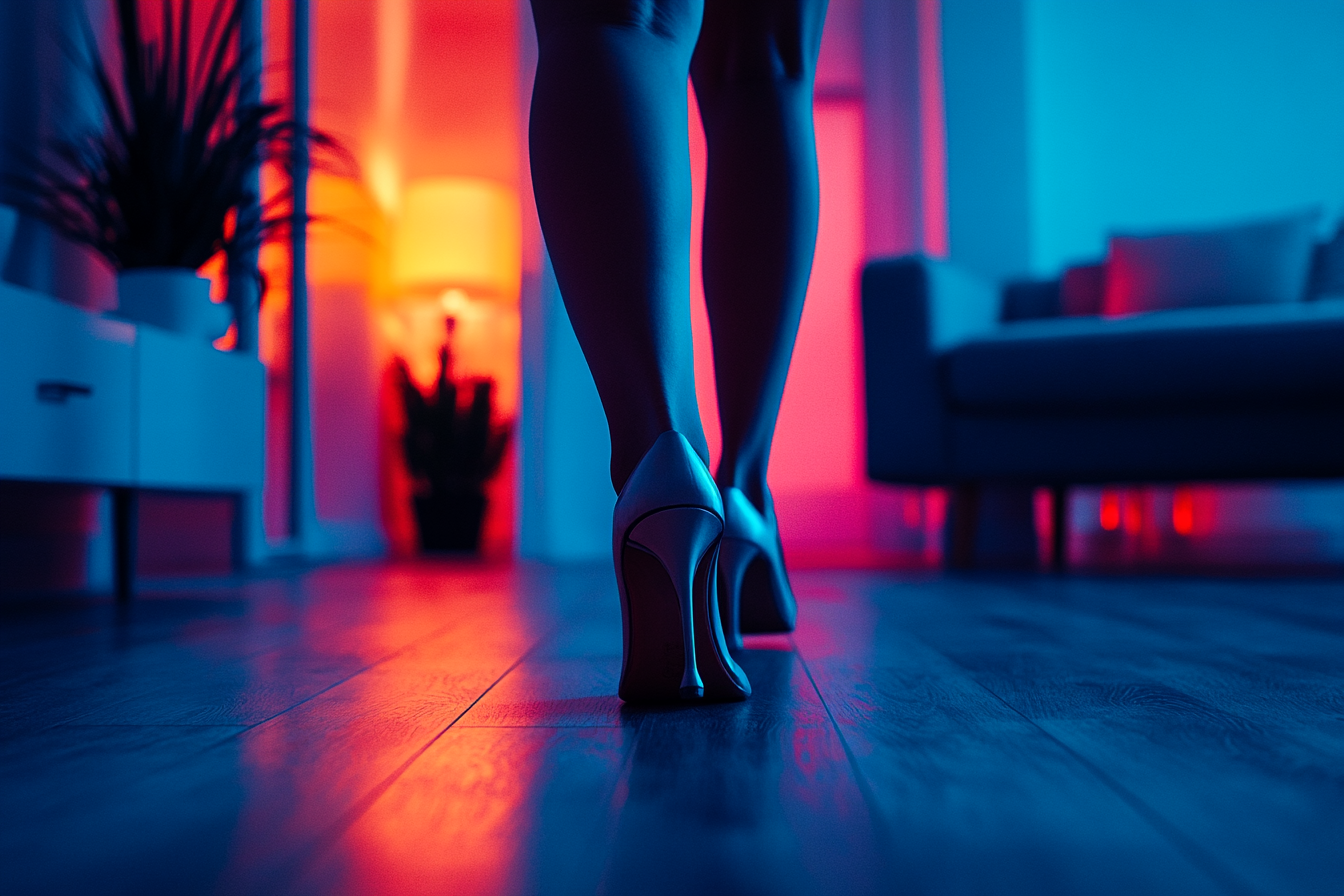 Woman walking in an apartment in heels | Source: Midjourney