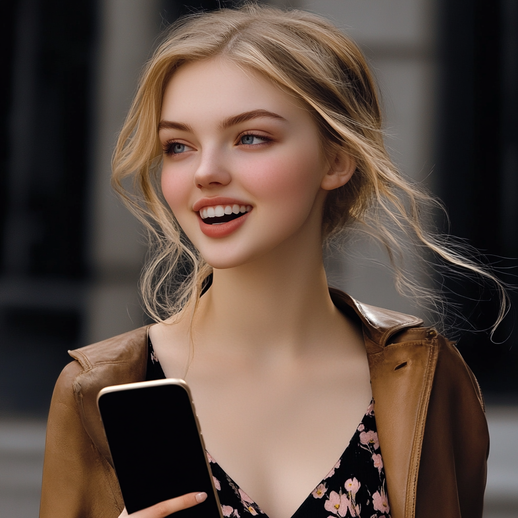 A smiling woman holding a smartphone | Source: Midjourney