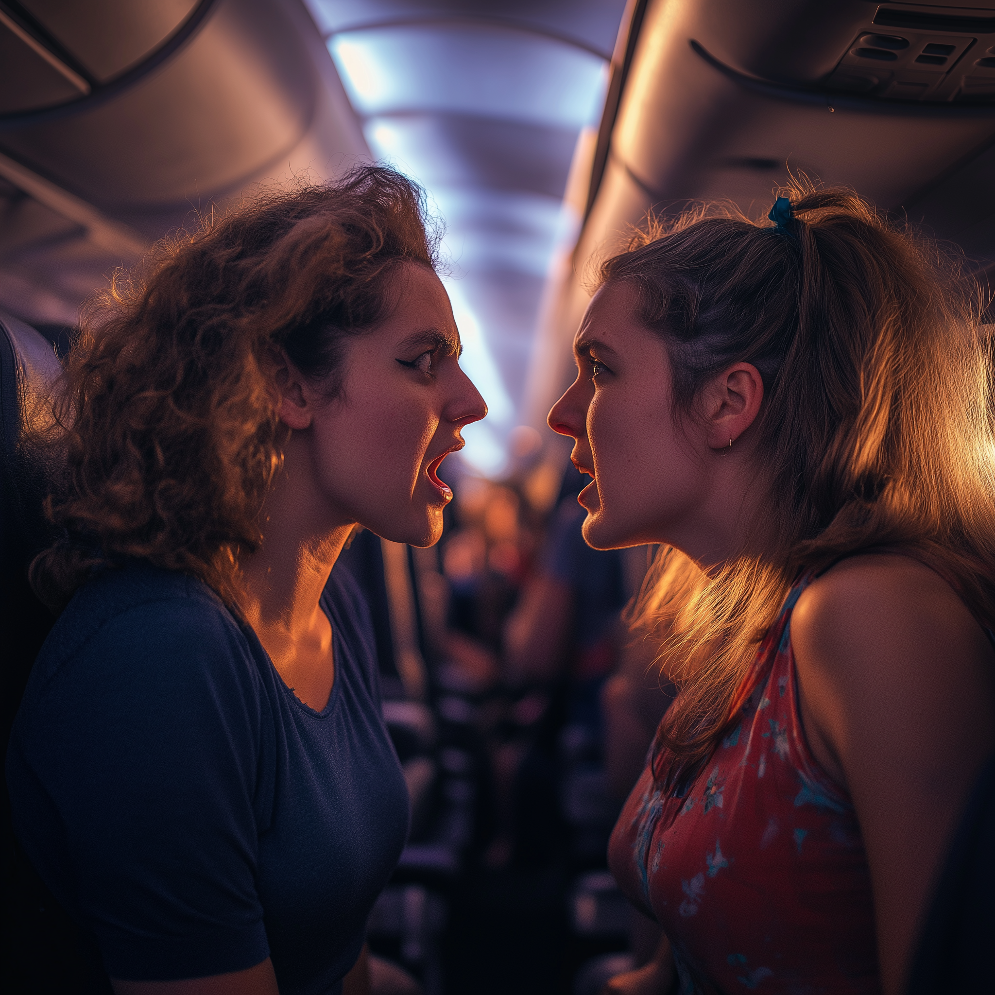 Two women arguing in an airplane | Source: Midjourney