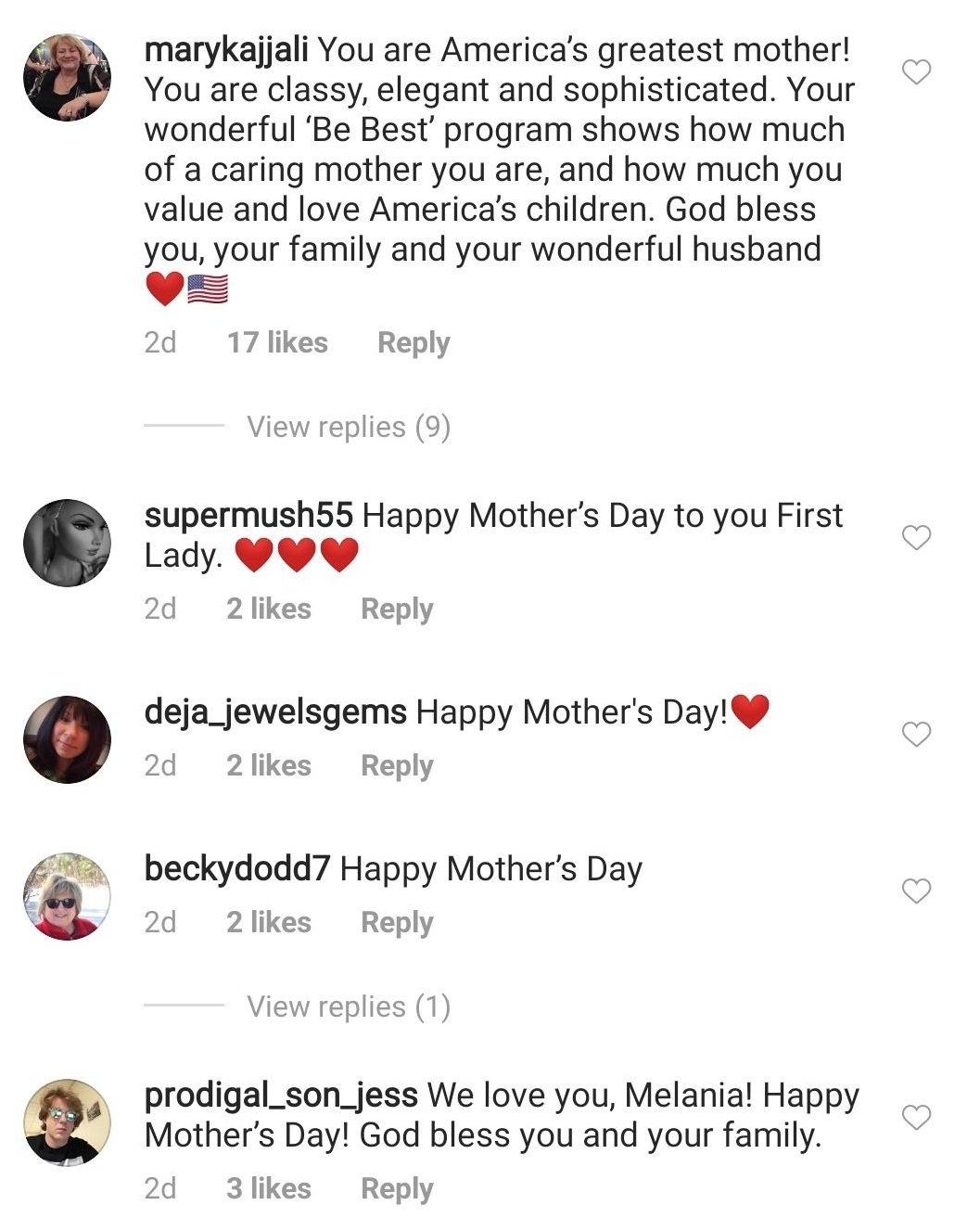 Follower comments on Melania Trump's Mother's Day address on May 10, 2020. | Source: Instagram/flotus.