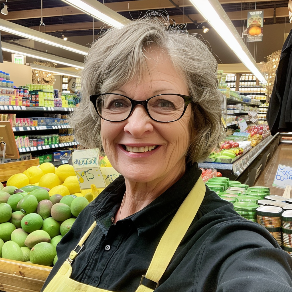 A smiling woman in a grocery store | Source: Midjourney