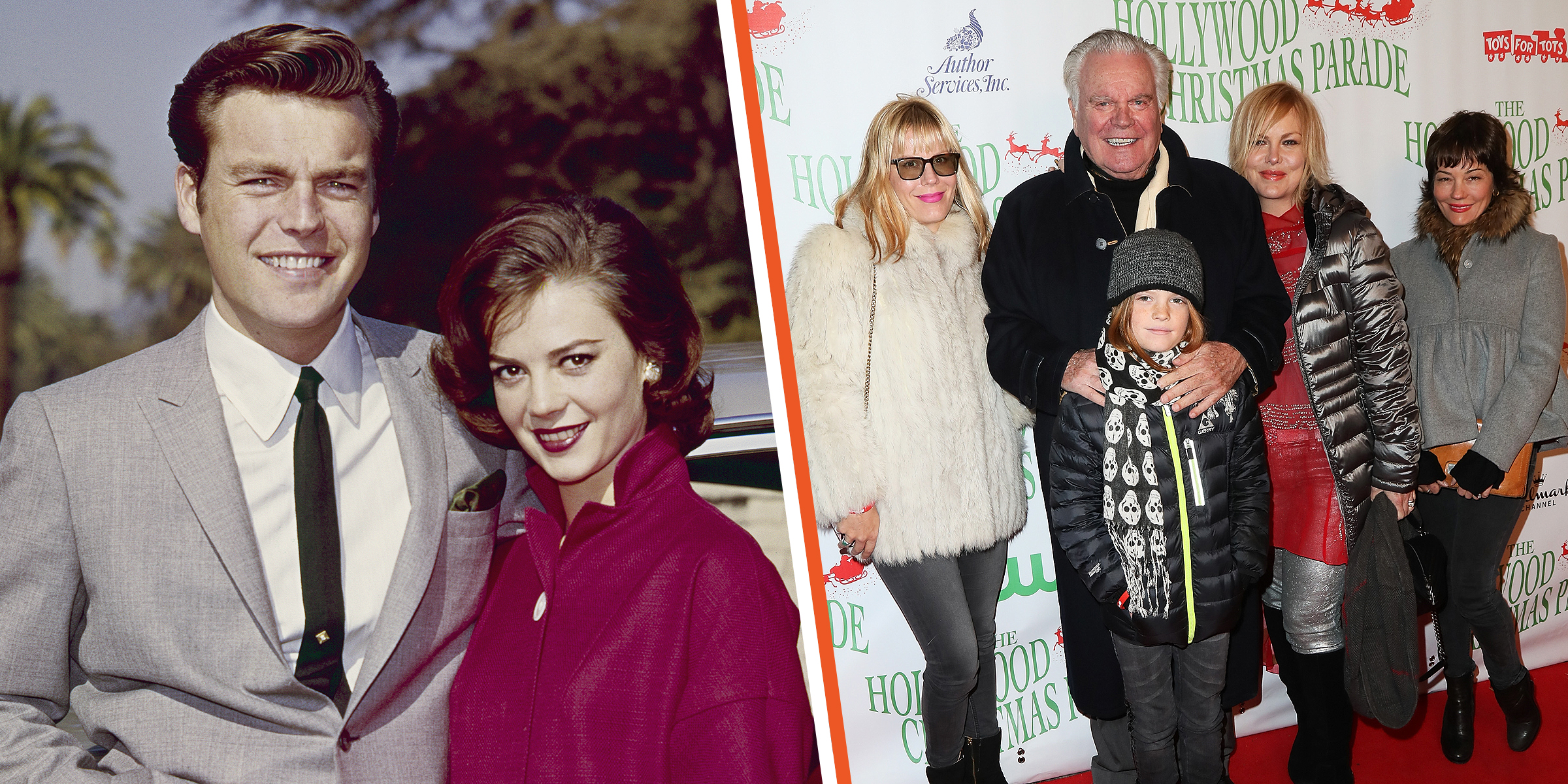 Robert Wagner and Natalie Wood, circa 1960. | Robert Wagner with his kids arrive at the 85th Annual Hollywood Christmas Parade in 2016. | Source: Getty Images