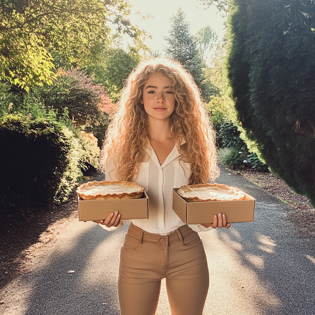 A woman holding two pie boxes | Source: Midjourney