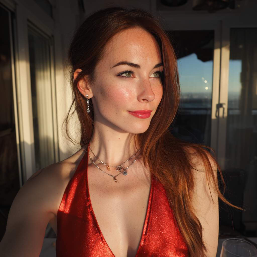 A smiling woman wearing a red dress | Source: Midjourney