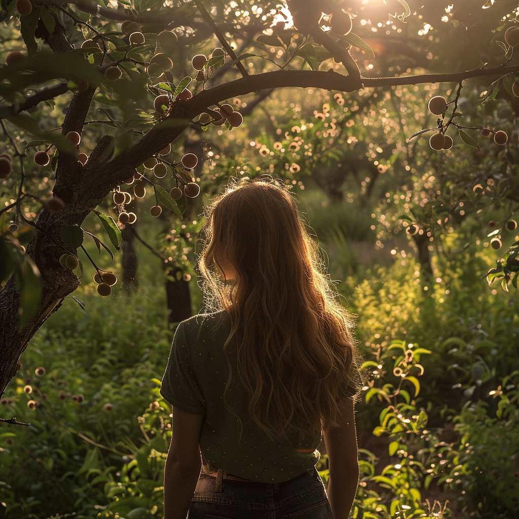 A woman in a peach orchard | Source: Midjourney