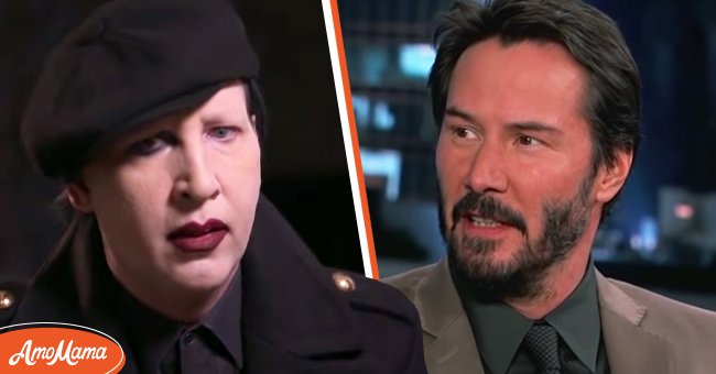Marilyn Manson during a 2017 interview with Channel 4 News [Left]; Keanu Reeves on "Jimmy Kimmel Live" in 2014 [Right]. | Photo: YouTube/Channel 4 News & YouTube/Jimmy Kimmel Live