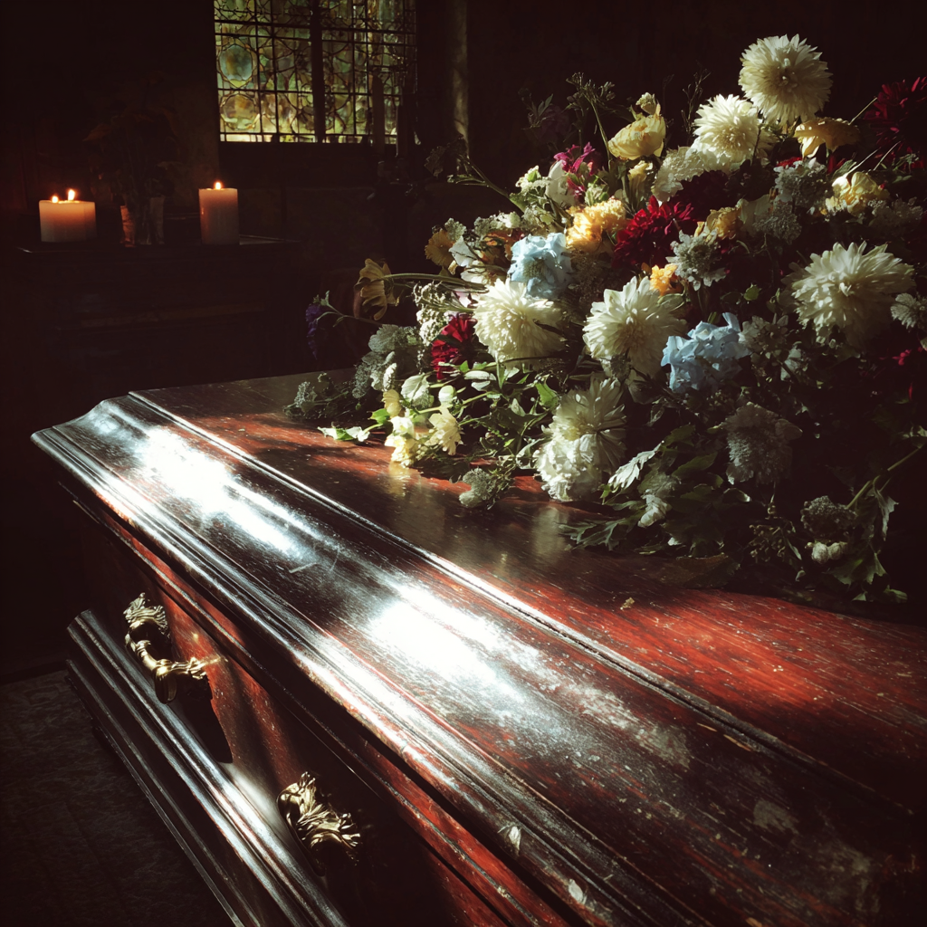 A floral arrangement on a casket | Source: Midjourney