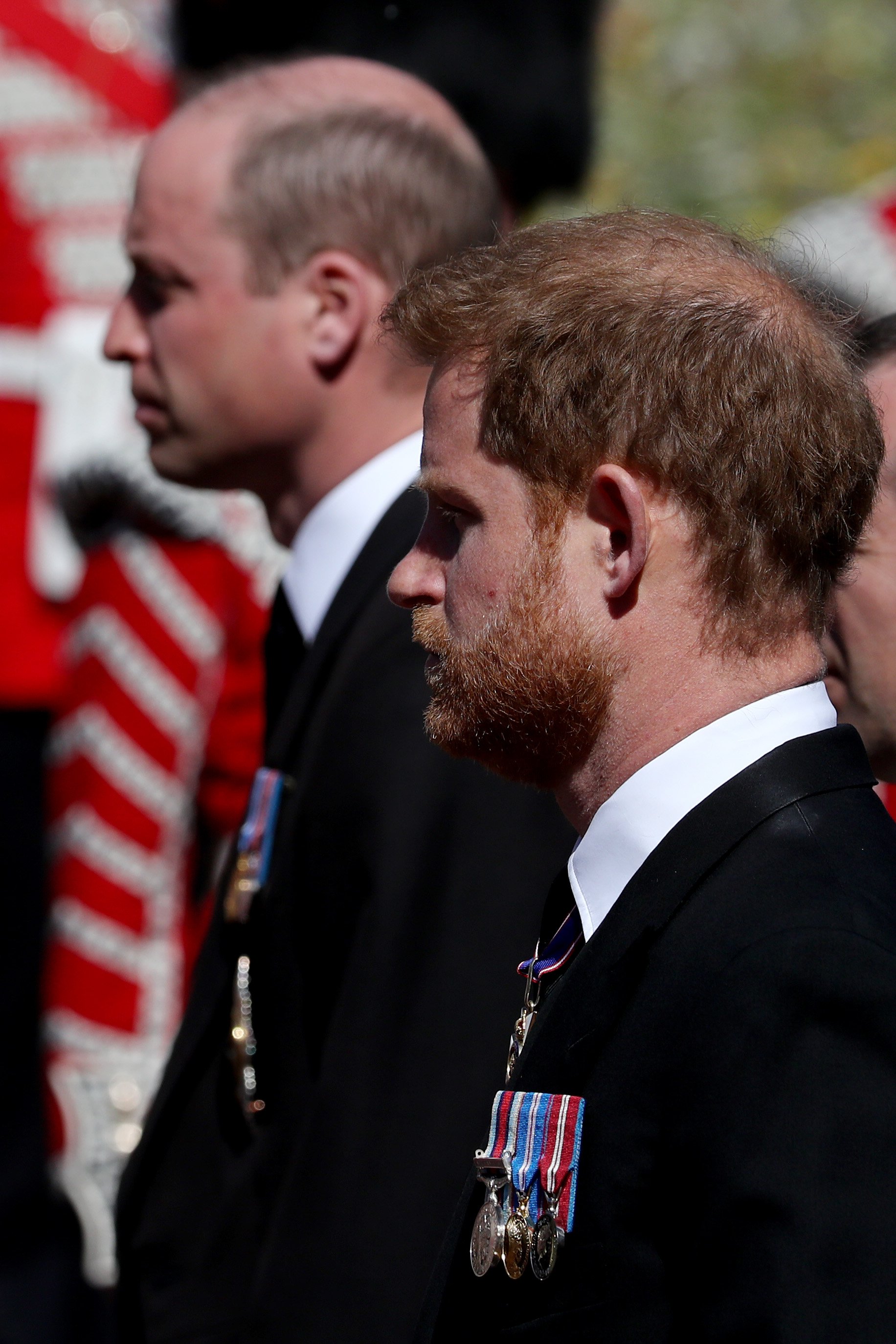 Prince William and Prince Harry during the funeral of Prince Philip at Windsor Castle on April 17, 2021 in Windsor, England. / Source: Getty Images