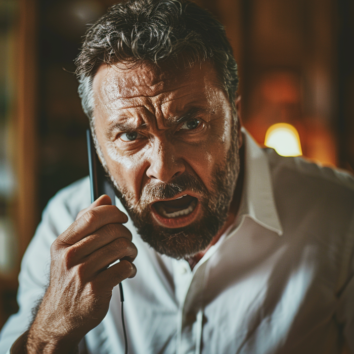 An angry middle-aged man talking on the phone | Source: Midjourney