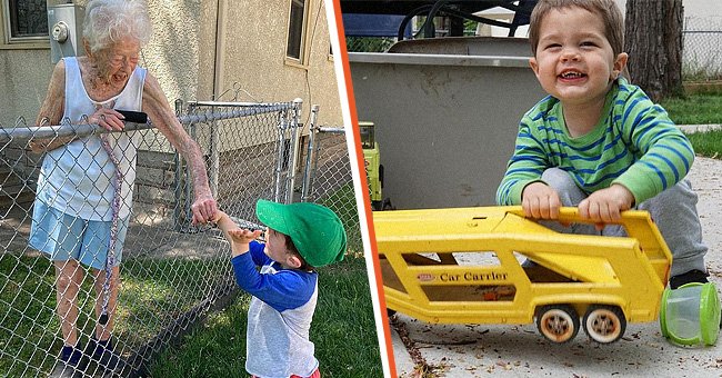 Mary O’Neill and Benjamin Olson holding hands over a fence [left]; Benjamin Olson playing with a toy truck [right]. | Source: instagram.com/olsonsarahj