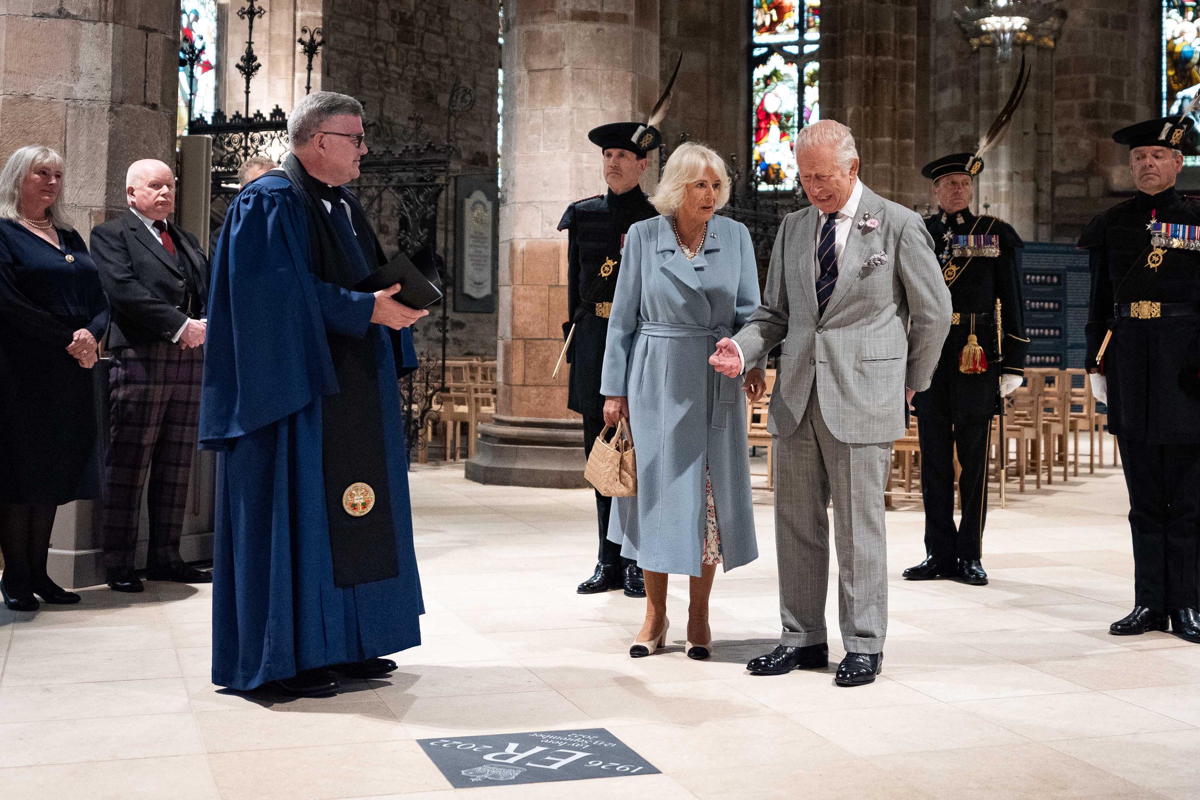 King Charles III and Queen Camilla are at the St Giles' Cathedral in Edinburgh, Scotland to unveil a Memorial Stone for the late monarch, Queen Elizabeth II on July 2, 2025 | Source: Getty Images