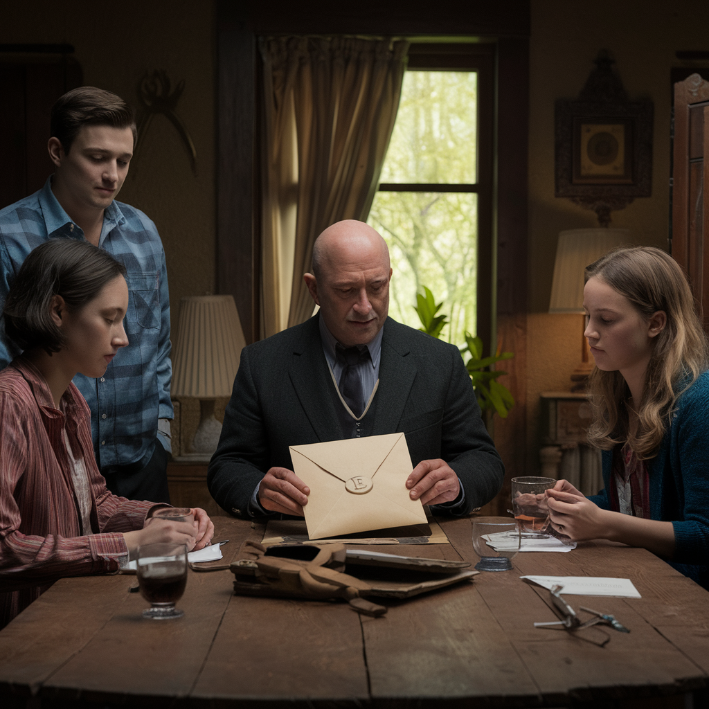 A group gathers around a table, with a man holding a sealed envelope | Source: Midjourney