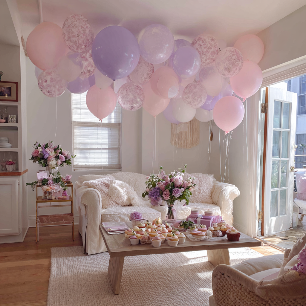 A living room decorated for a baby shower | Source: Midjourney