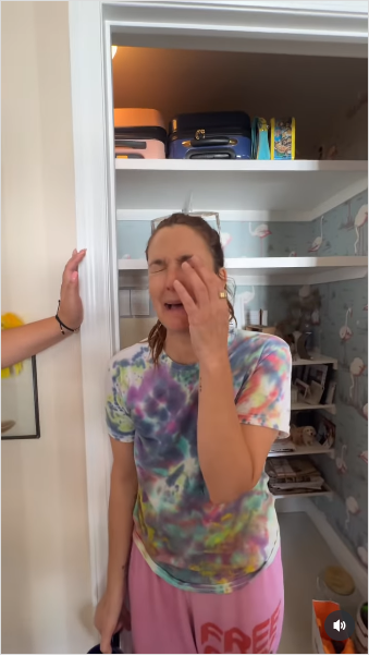 Drew Barrymore mock-crying, overwhelmed by her home renovation project from a video posted on July 21, 2025 | Source: Instagram/drewbarrymore