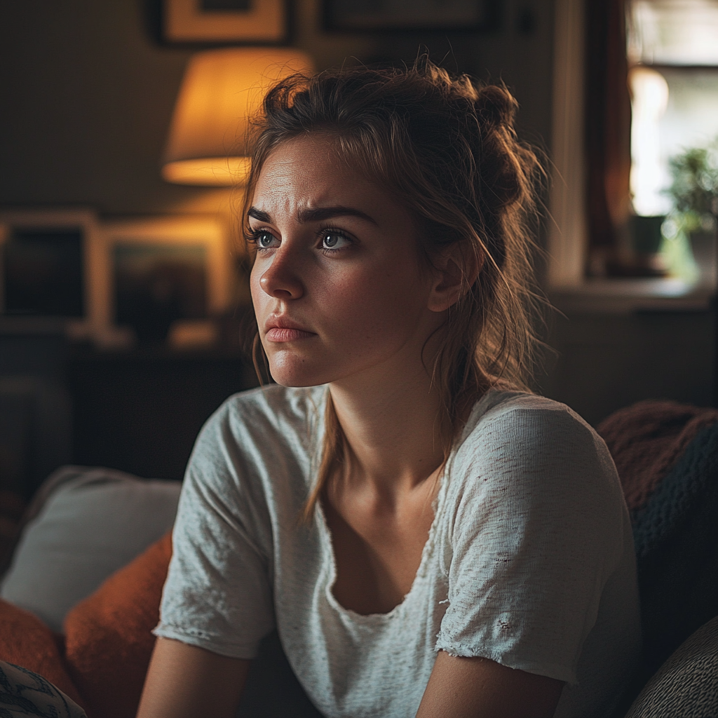 A woman sitting in her living room | Source: Midjourney