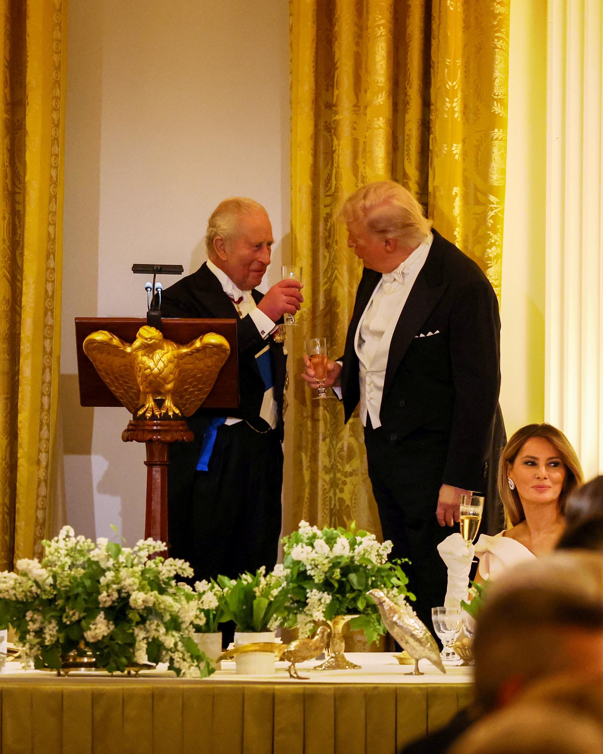 King Charles III speaks with Donald Trump in the East Room of the White House on April 28, 2026 | Source: Getty Images