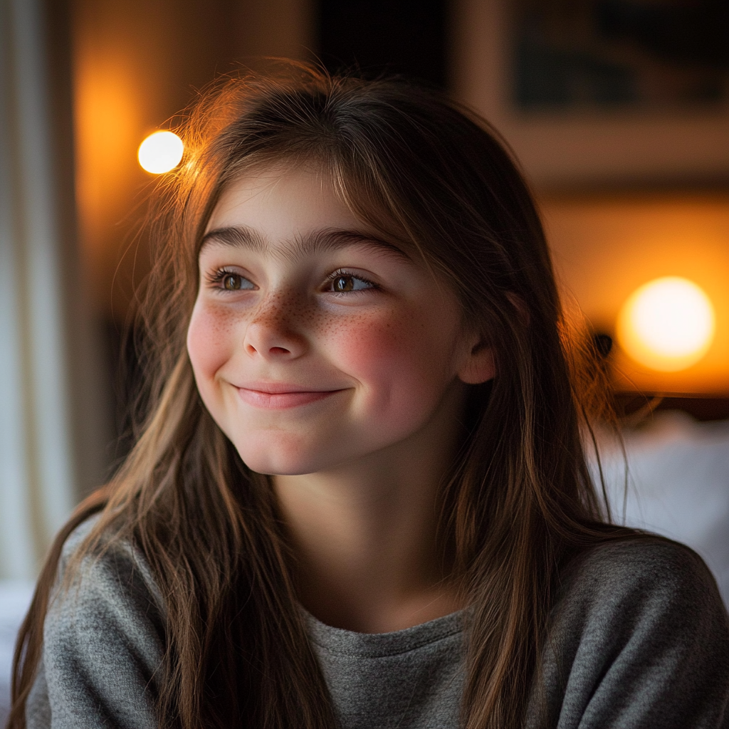 A young girl smiling softly | Source: Midjourney