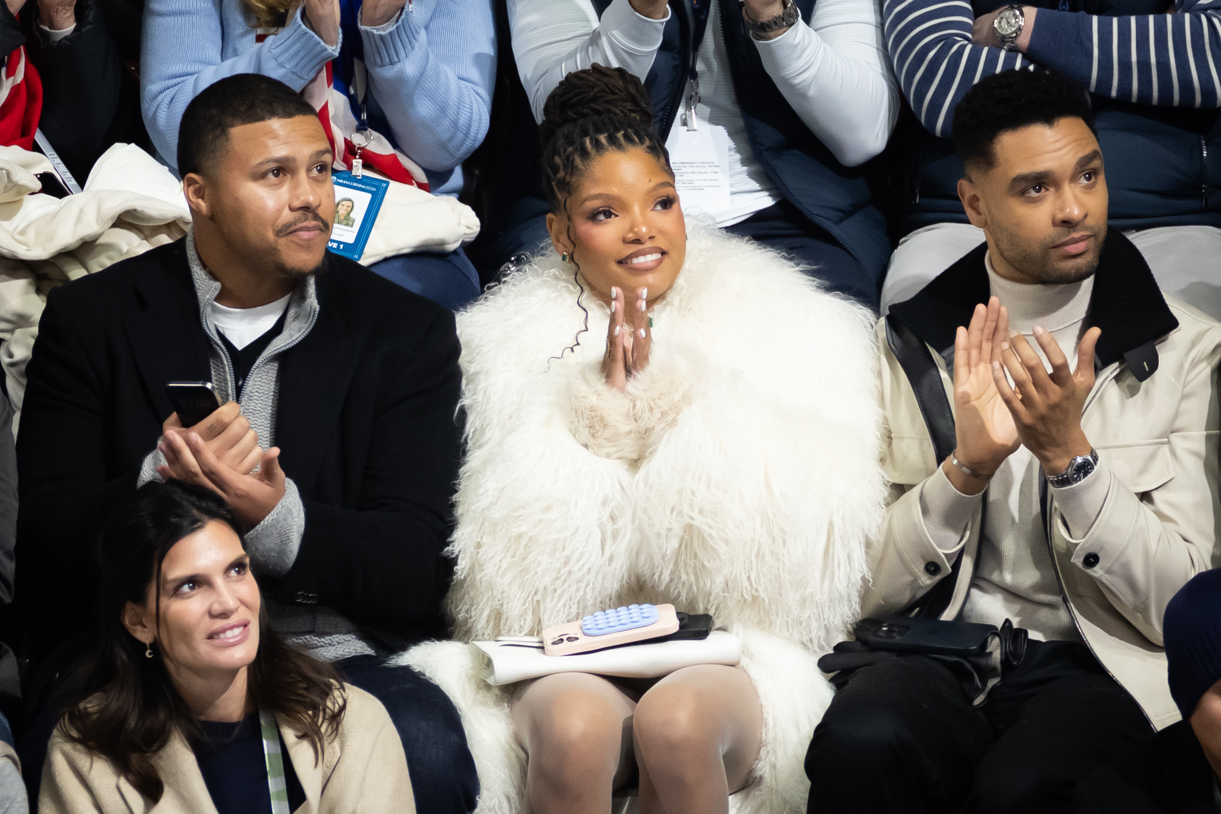 Halle Bailey and Regé-Jean Page attend the Women's Single Skating Short Program during the Winter Olympic Games at Milano Ice Skating Arena on February 17, 2026, in Milan, Italy | Source: Getty Images