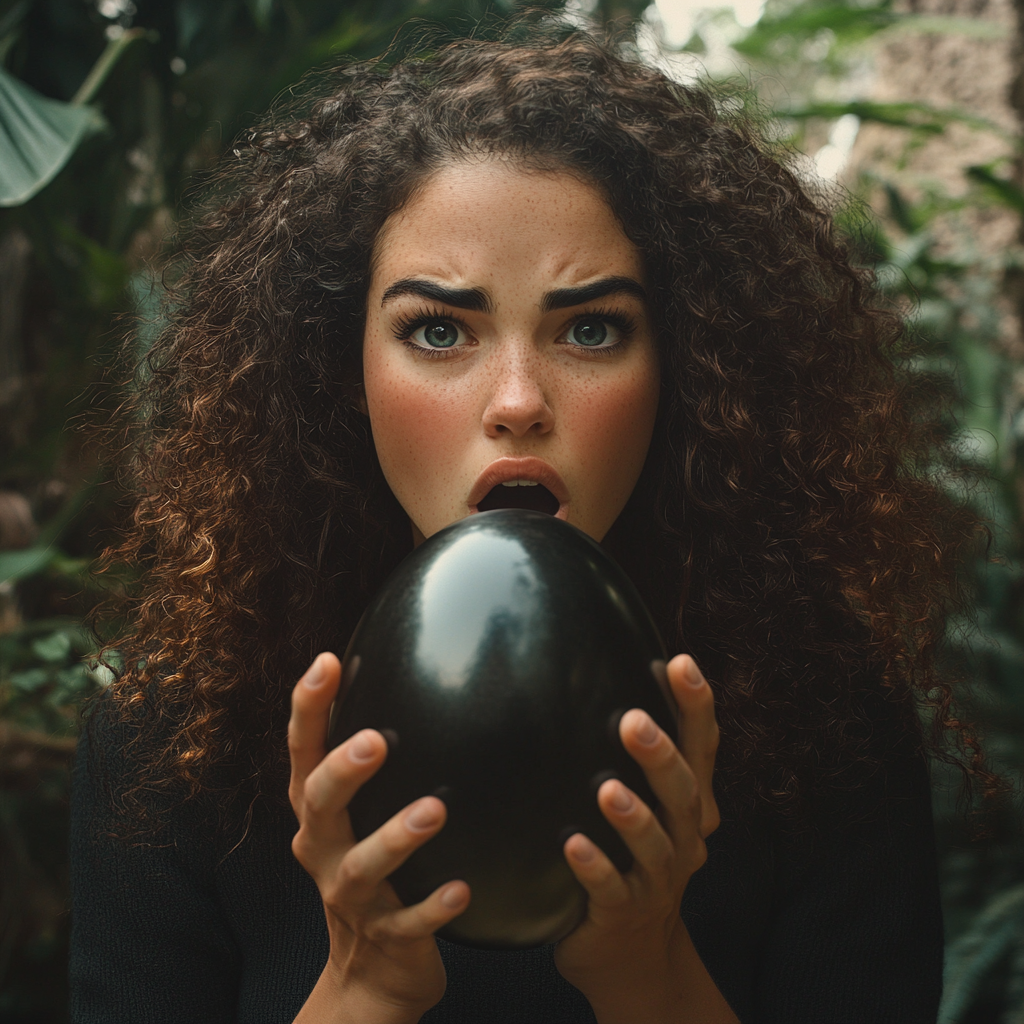 Uma mulher chocada segurando um grande ovo preto | Fonte: Midjourney