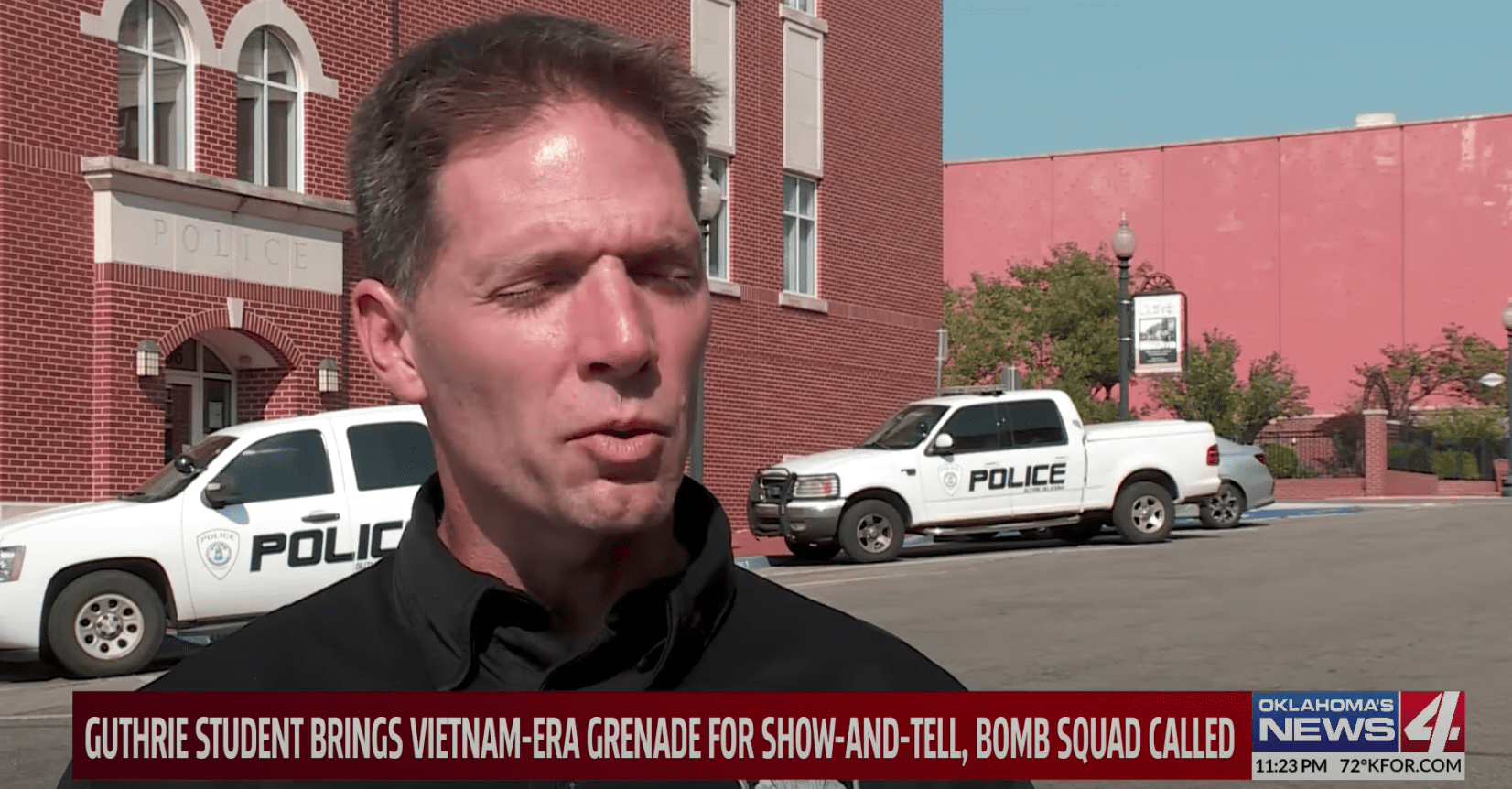 Officials speak to news reporters about the dangerous military device that was brought to school by a pupil | Photo: Youtube/KFOR Oklahoma's News 4