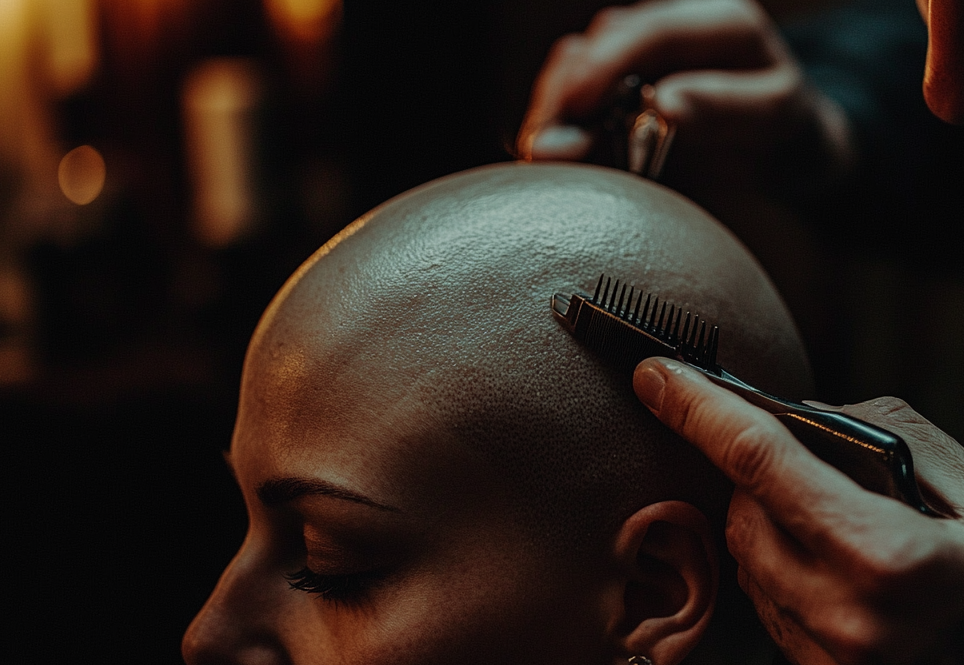 Close-up of a hairstylist shaving a woman's hair | Source: Midjourney