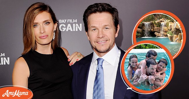 (L) Actor Mark Wahlberg and wife Rhea Durham arrive at the Los Angeles Premiere of "Pain & Gain" at TCL Chinese Theatre on April 22, 2013 in Hollywood, California. (M) Mark Wahlberg with his wife and kids in the pool. (R) Mark Wahlberg's Beverly Park mansion with a waterfall | Photo: Getty Images | Instagram/@markwhlberg | YouTube/@AE