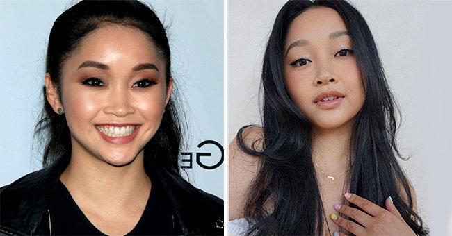 Pictured: Side-by-side snaps of actress Lana Condor smiling on the left and showing off her nail art designs in the other | Source: Getty Images and Instagram/@lanacondor