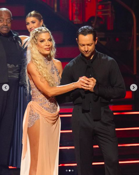 Tori Spelling and Pasha Pashkov on their last night competing on "DWTS," posted on September 25, 2024 | Source: Instagram/dancingwiththestars and torispelling