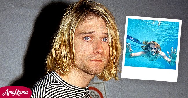 Pictures of Spencer Elden recreating the Nevermind" album cover and Kurt Cobain | Source: twitter.com/PigsAndPlans  |  Getty Images