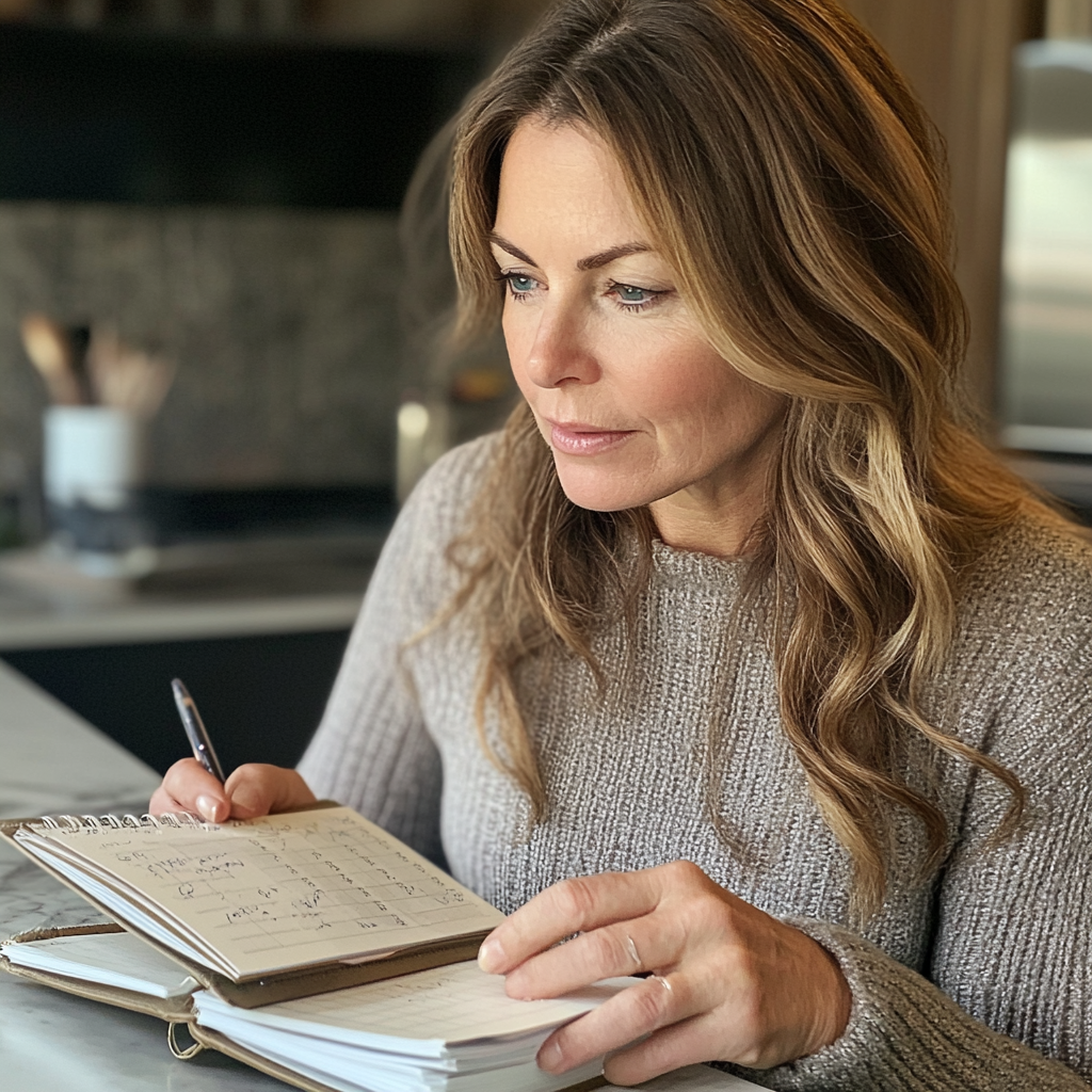 A woman looking through a planner | Source: Midjourney