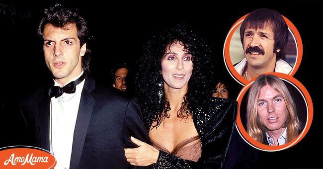  Cher and Rob Camiletti attending the premiere of "Moonstruck" in Los Angeles in 1987 [left] Singer Sonny Bono on June 12, 1977 arrives at the Los Angeles International Airport [top right] Singer Cher and musician Gregg Allman on January 21, 1977 [down right] | Photo: Getty Images