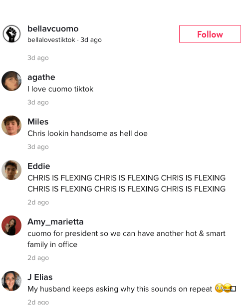 Photo of Tik Tok comments on Bella Cuomo's post | Tik Tok / @bellavcuomo