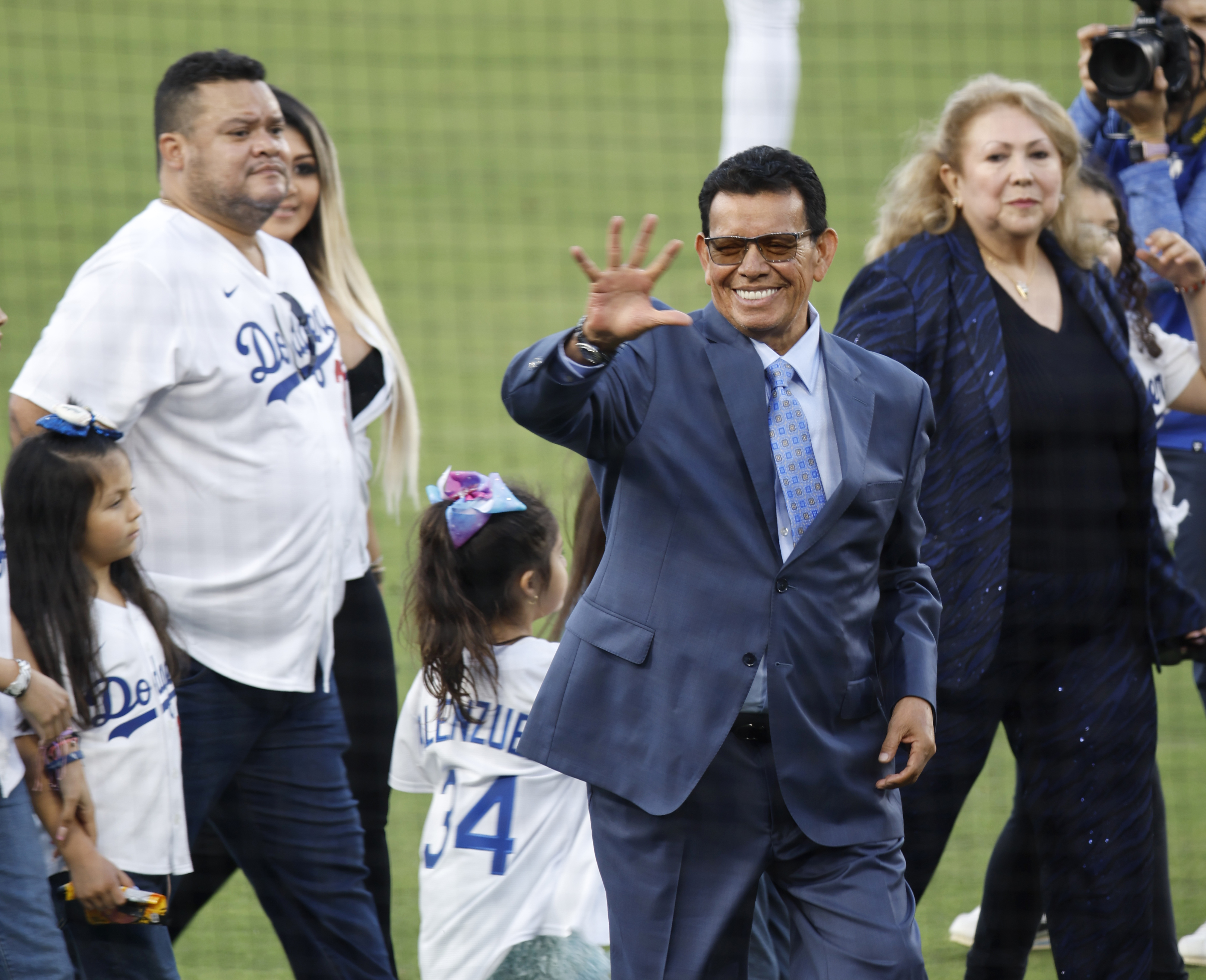 Fernando Valenzuela waves to fans as the Dodgers retired his jersey number on Friday, August 11, 2023 | Source: Getty Images