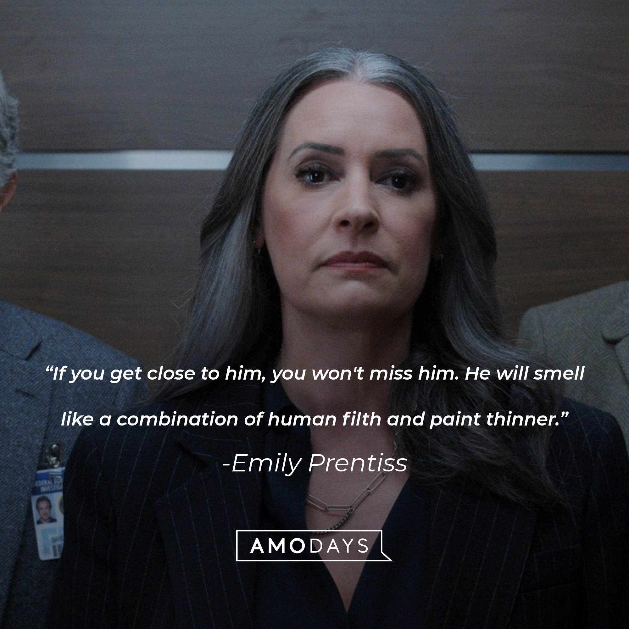 Emily Prentiss' quote: "If you get close to him, you won't miss him. He will smell like a combination of human filth and paint thinner." | Source: Facebook.com/CriminalMinds