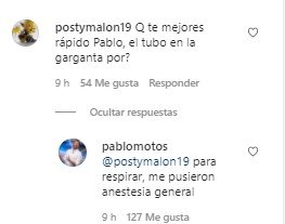 Comentario de Pablo a un seguidor. | Foto: Instagram/pablomotos Comentario de Pablo a un seguidor. | Foto: Instagram/pablomotos