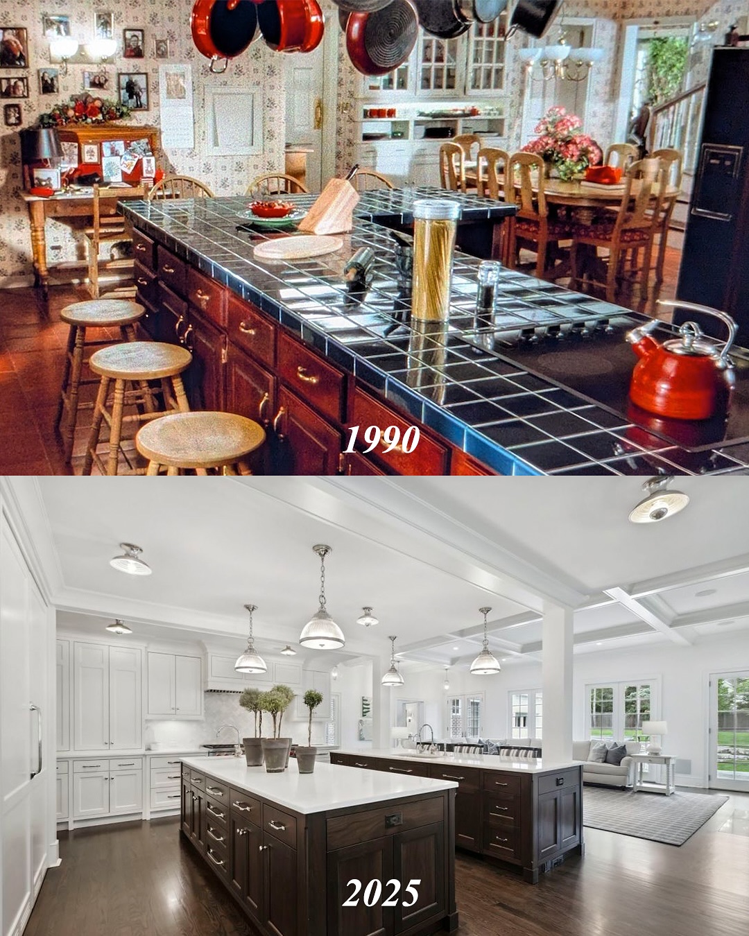 Side by side, the difference is staggering: the beloved "Home Alone" kitchen once filled with hanging pots, dark wood, and family dinners has been replaced with a wide, breezy layout built for luxury living. | Source: Instagram/kjp