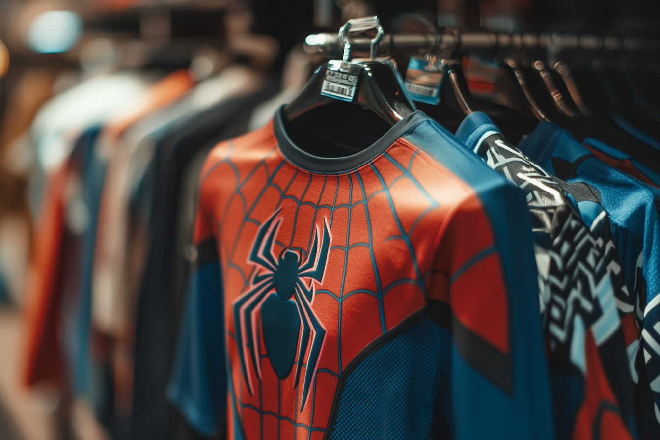 A Spiderman-themed jersey on display in a cloth store | Source: Midjourney