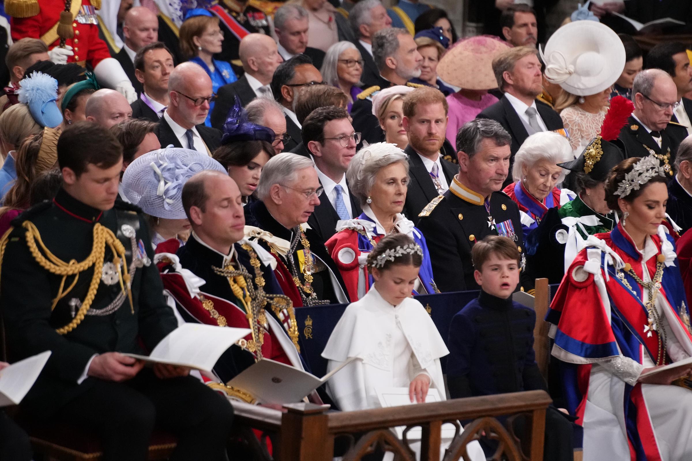 Prince William (front row) and Prince Harry (rows behind) with other members of the royal family at King Charles III and Queen Camillas Coronation in London, England on May 6, 2023 | Source: Getty Images