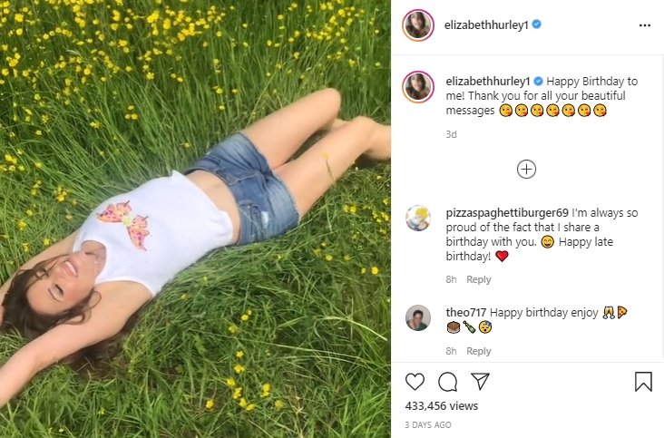 Elizabeth Hurley lying down in a meadow wearing daisy dukes and a white top. | Source: instagram.com/elizabethhurley1