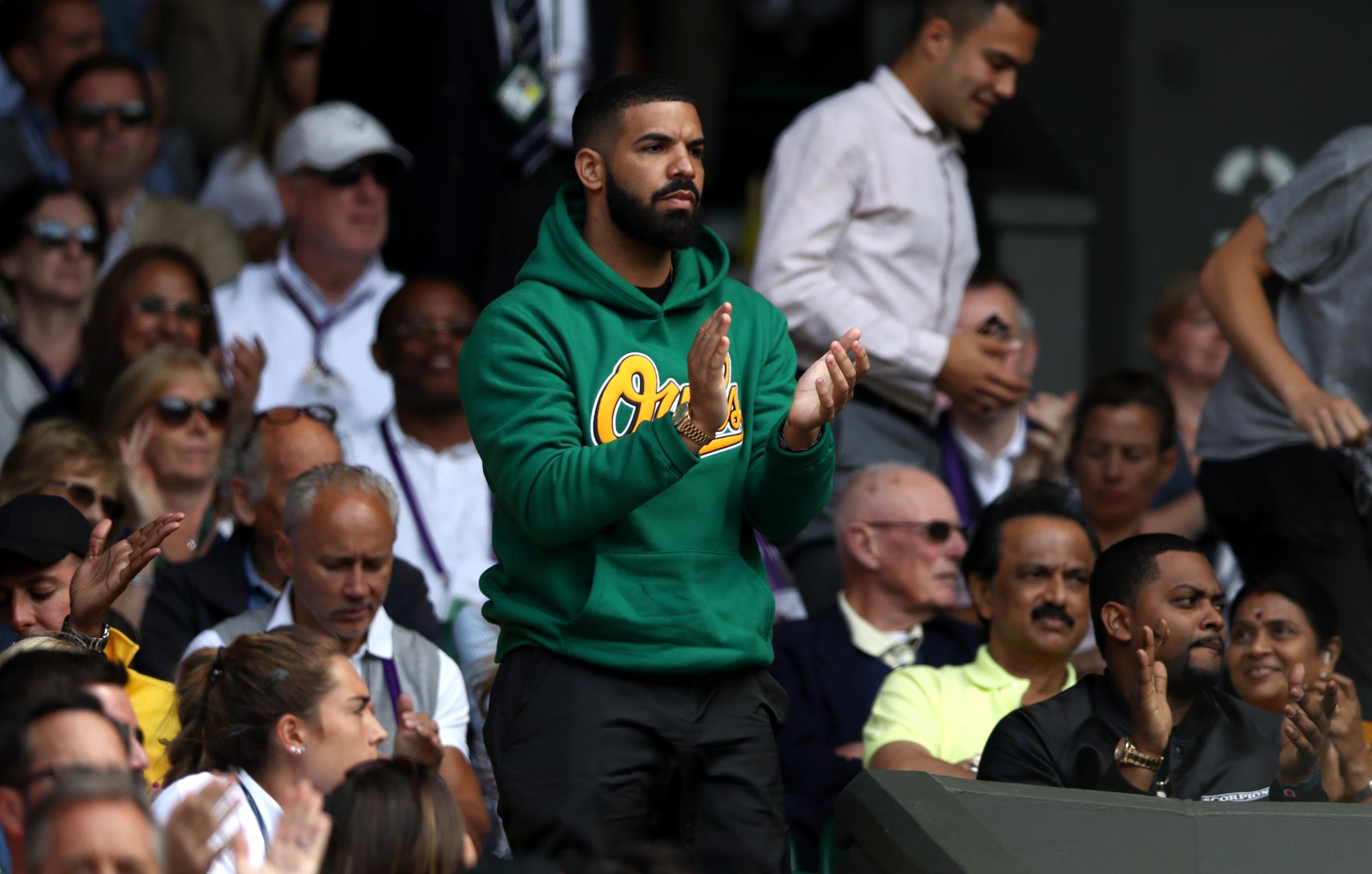 Drake on centre court watching Serena Williams in action on day eight of the Wimbledon Championships on July 10, 2018 | Source: Getty Images