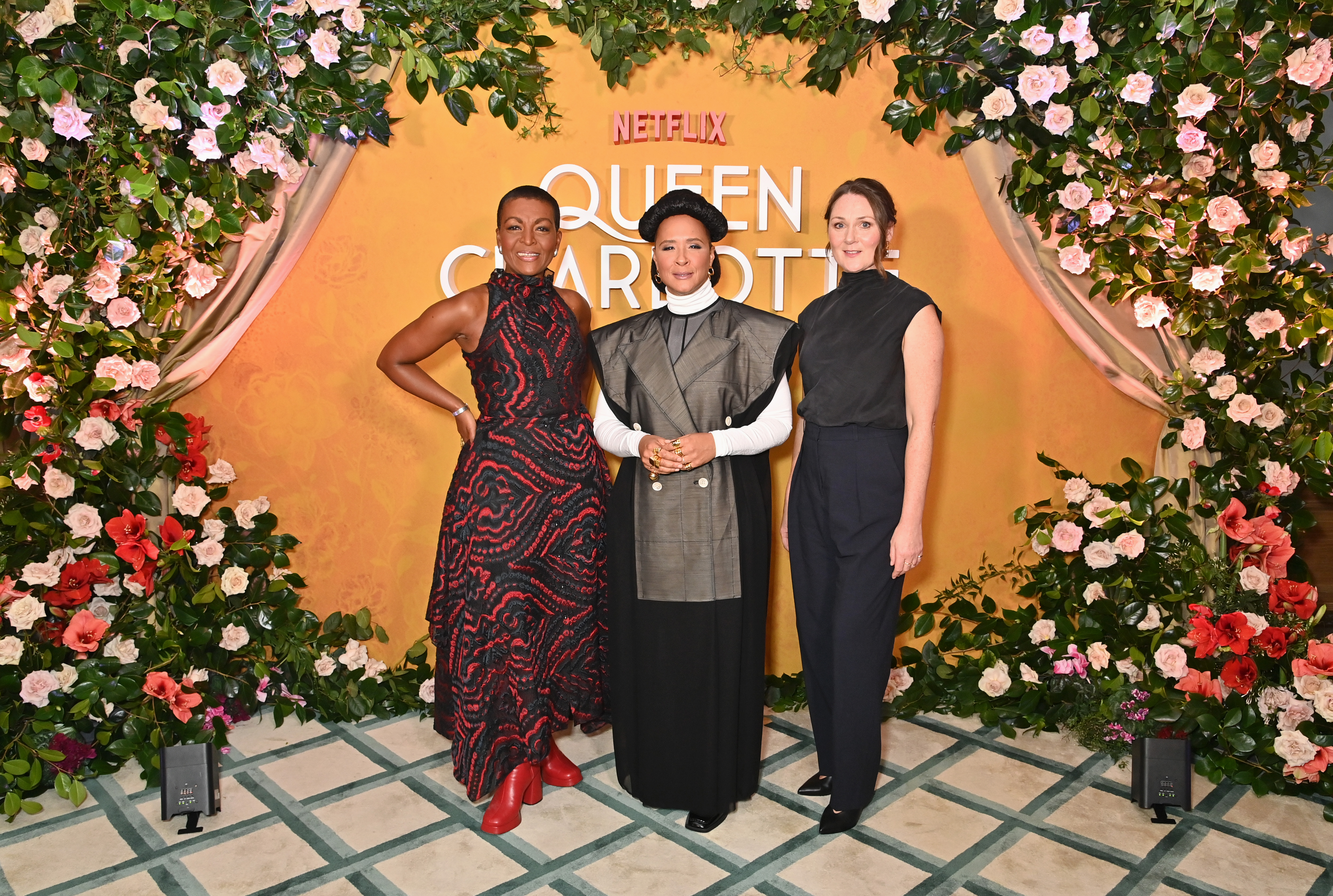 (L to R) Adjoa Andoh, Golda Rosheuvel and Ruth Gemmell attend a photocall celebrating the Valentine's Day Global Teaser Trailer Reveal for "Queen Charlotte: A Bridgerton Story" at Claridge's Hotel, on February 14, 2023, in London, England.  | Source: Getty Images