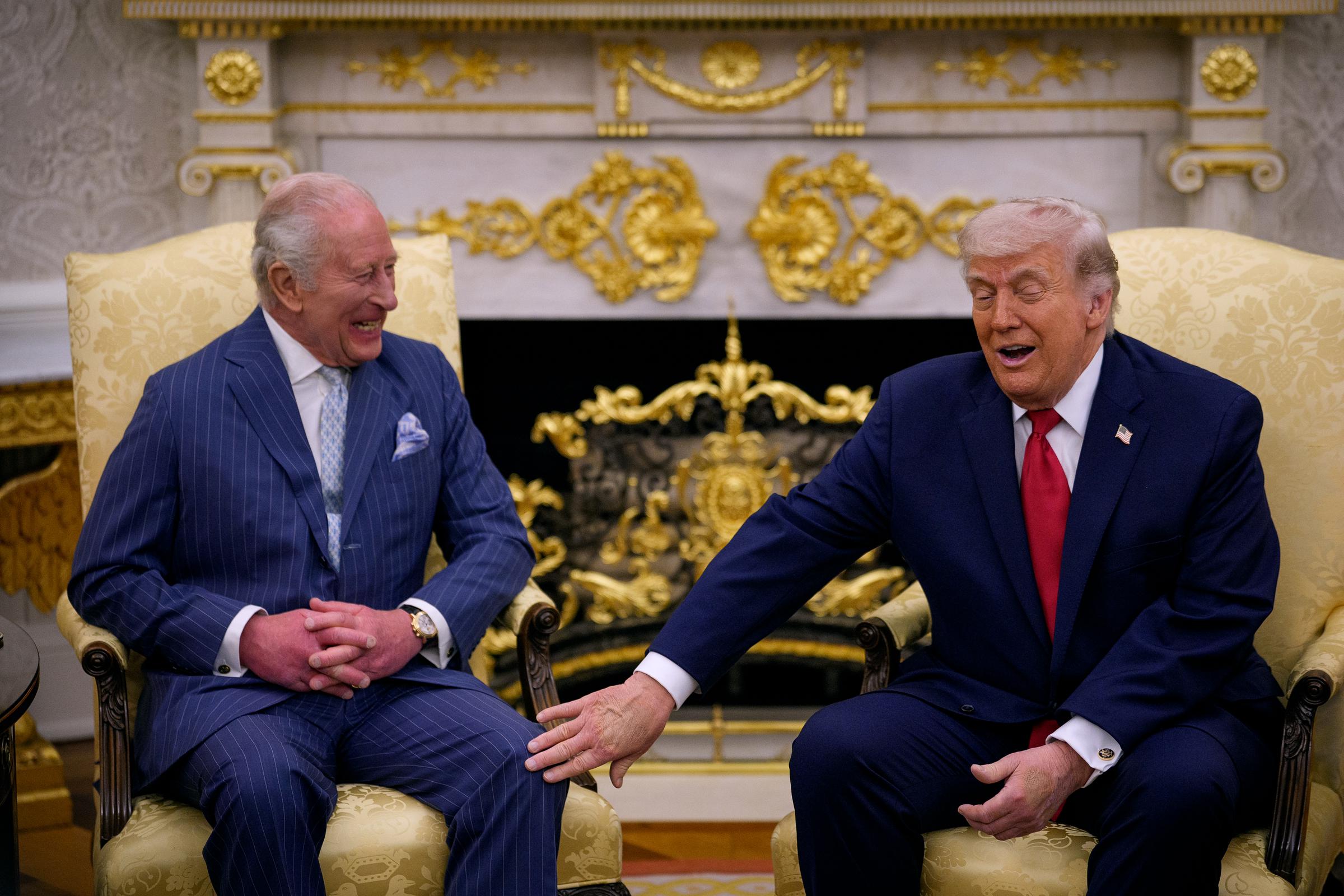 President Donald Trump touches King Charles III during a meeting in the Oval Office on April 28, 2026 | Source: Getty Images