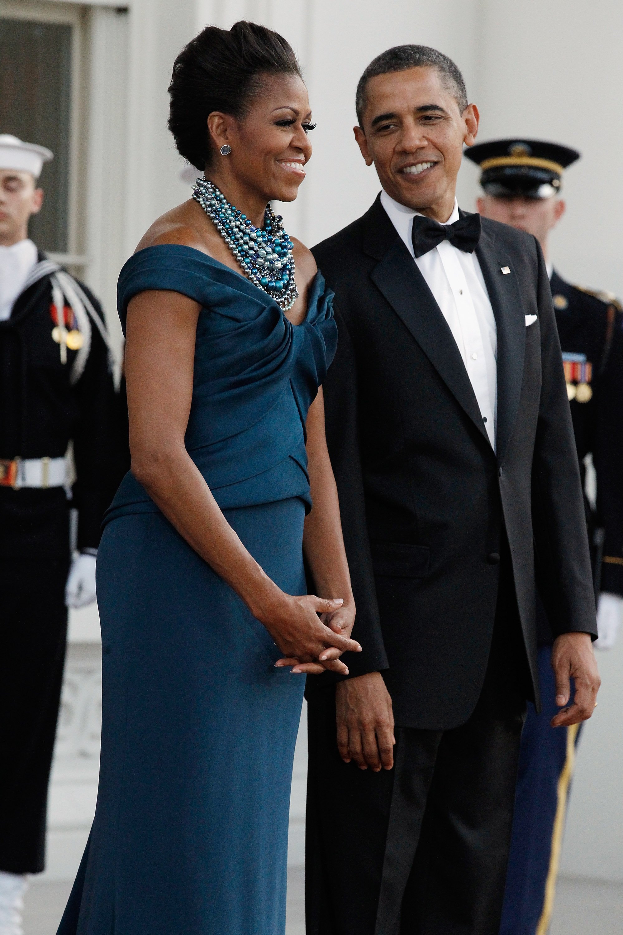 First Lady Michelle and U.S. President Barack Obama await the arrival of British Prime Minister David Cameron and his wife Samantha at the White House on March 14, 2012 l Source: Getty Images