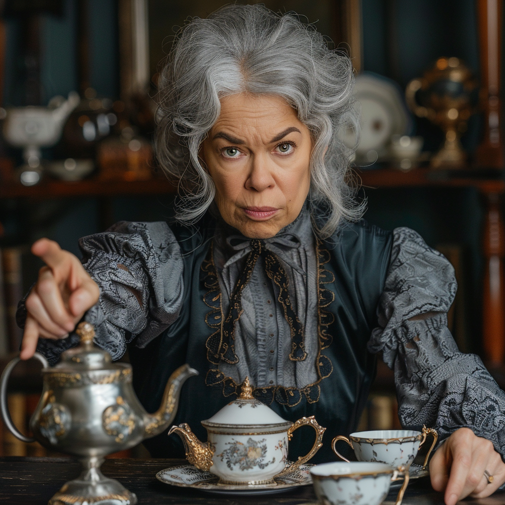 Jane inspecting the silver tea set | Source: Midjourney