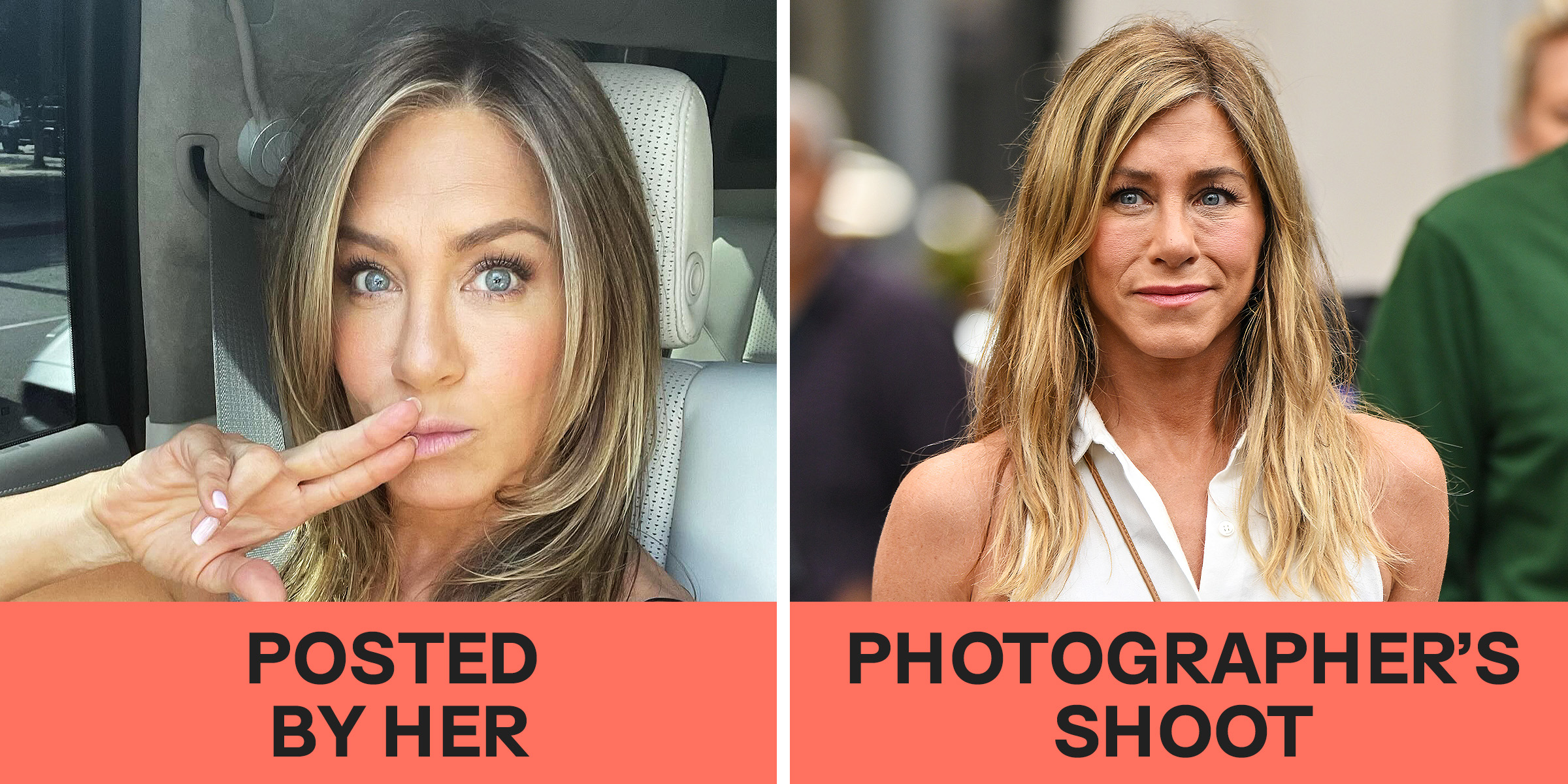 Jennifer Aniston on Instagram vs. in reality | Source: Instagram/jenniferaniston | Getty Images