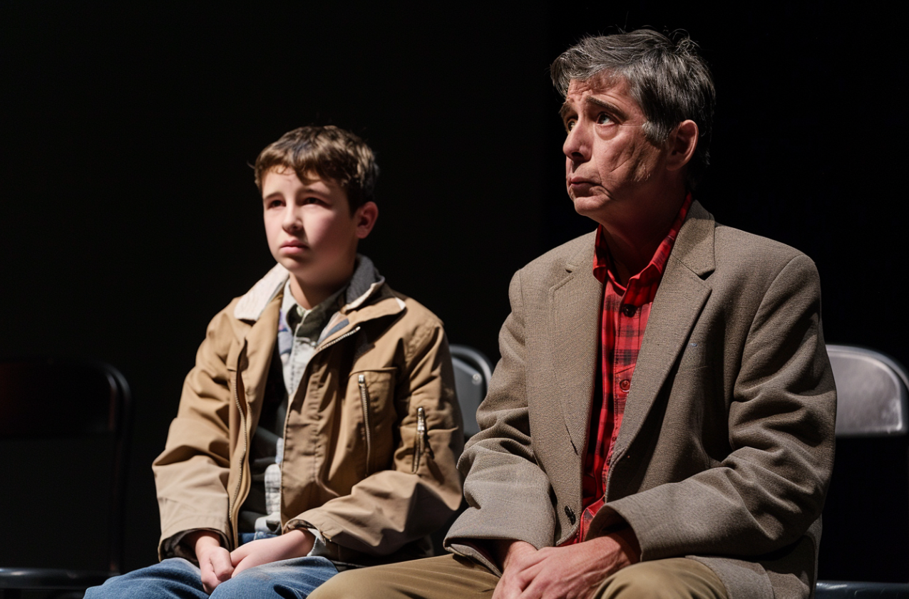 A teen boy sitting beside his father on a stage | Source: MidJourney